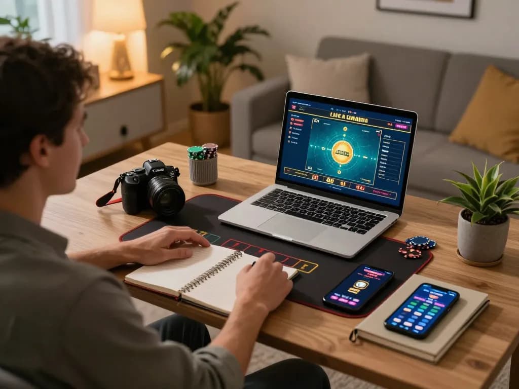 Pengguna yang terlibat bermain Situs Judi Online di rumah, merencanakan dengan buku catatan dan smartphone dalam suasana yang nyaman.