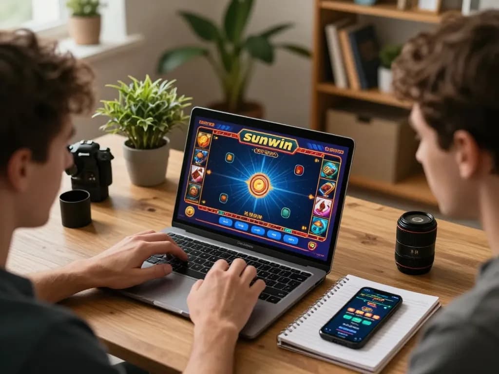 Engaged player at a Sunwin online casino session strategizing their next move in a cozy home setting.