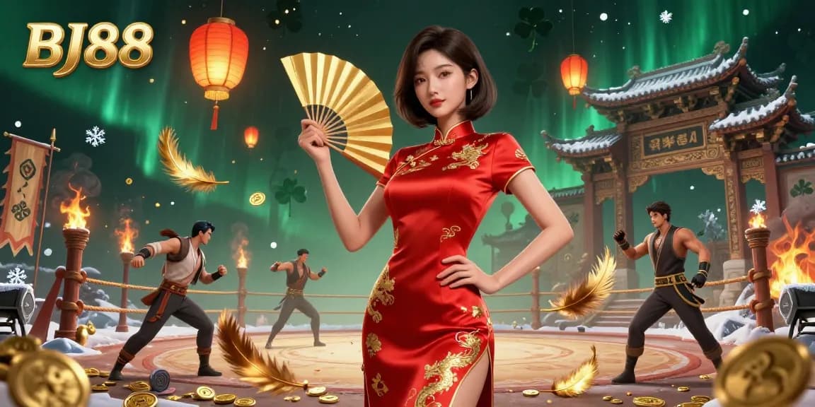BJ88 features a vibrant Asian woman in a crimson qipao surrounded by gold coins and lanterns, depicting a thrilling casino atmosphere.