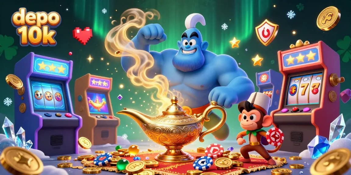 Spin for big wins with depo 10k as a genie bursts from a lamp surrounded by vibrant casino elements.