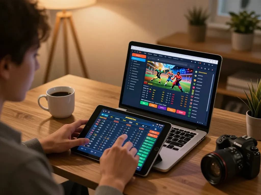 Engaging with the okfun sports betting app on a tablet in a cozy home setup, showcasing strategic play and responsible gambling.