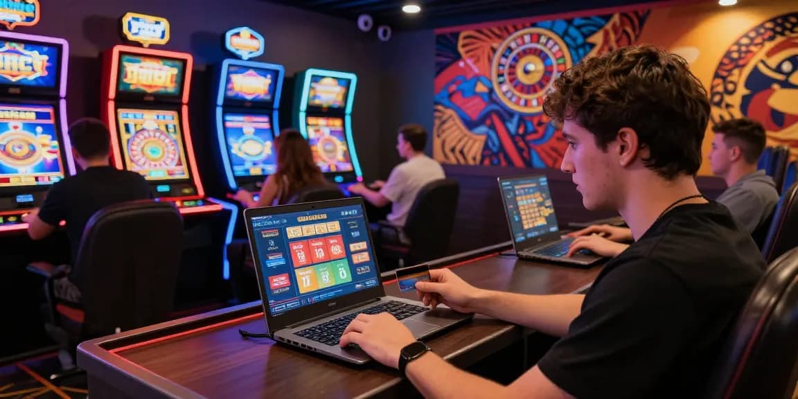 Exciting players using credit card casinos in a vibrant online gaming lounge.