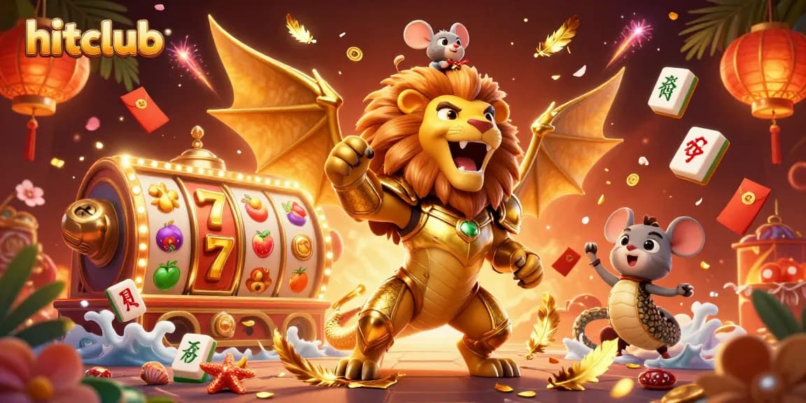 Hitclub's 3D chimera celebrates winning spins amid dazzling casino elements.