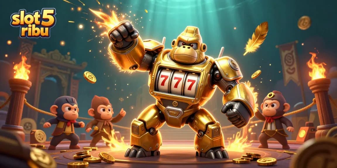 Experience the excitement of slot 5 ribu with a vibrant, action-packed gaming illustration.
