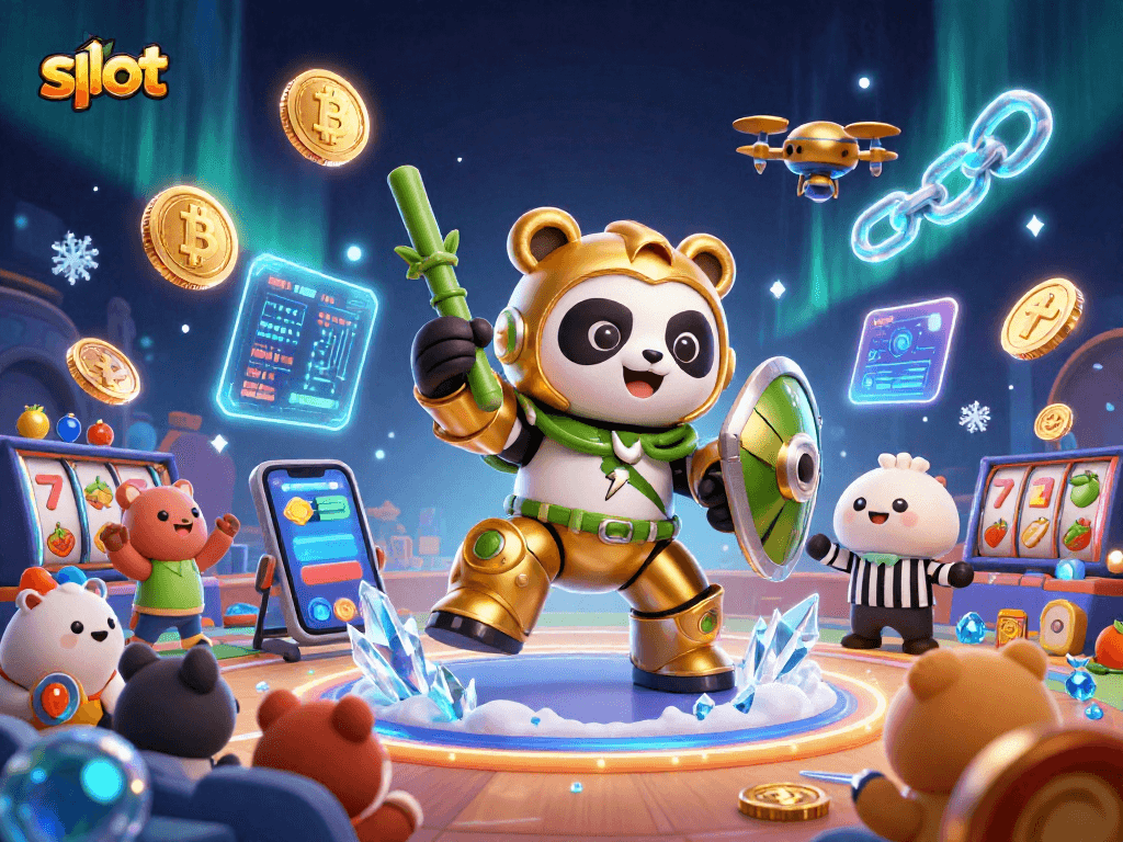 Slot yang penuh aksi dengan panda emas dan robot, dikelilingi simbol lotere di kasino.