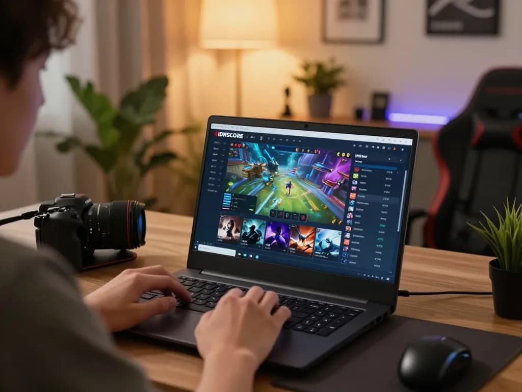 IDNSCORE player engaged in strategic online gaming, showcasing vibrant game interface and leaderboard