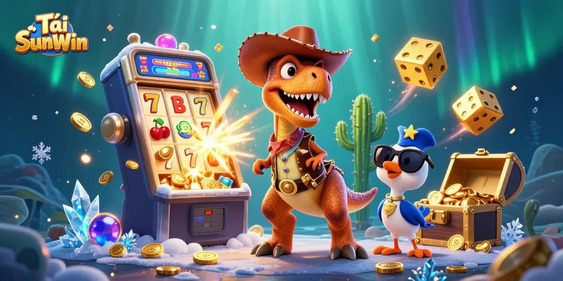 Tải SunWin showcases a vibrant 3D scene with a cowboy dinosaur, slot machine, and colorful casino elements.