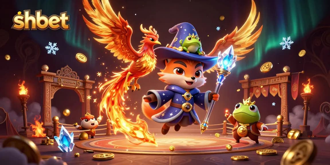 Engage with shbet through a vibrant casino realm featuring a wizard fox and phoenix amidst golden coins.
