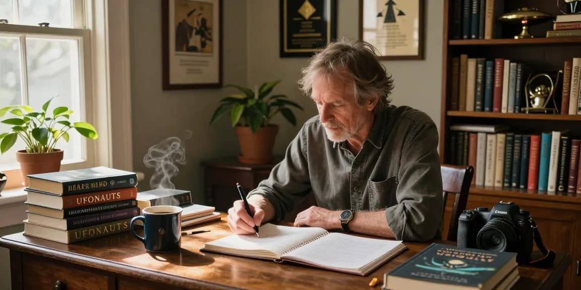 Explore T Allen Greenfield’s literary workspace at https://tallengreenfield.com featuring his award-winning book UFOnauts amidst warm, inviting decor.
