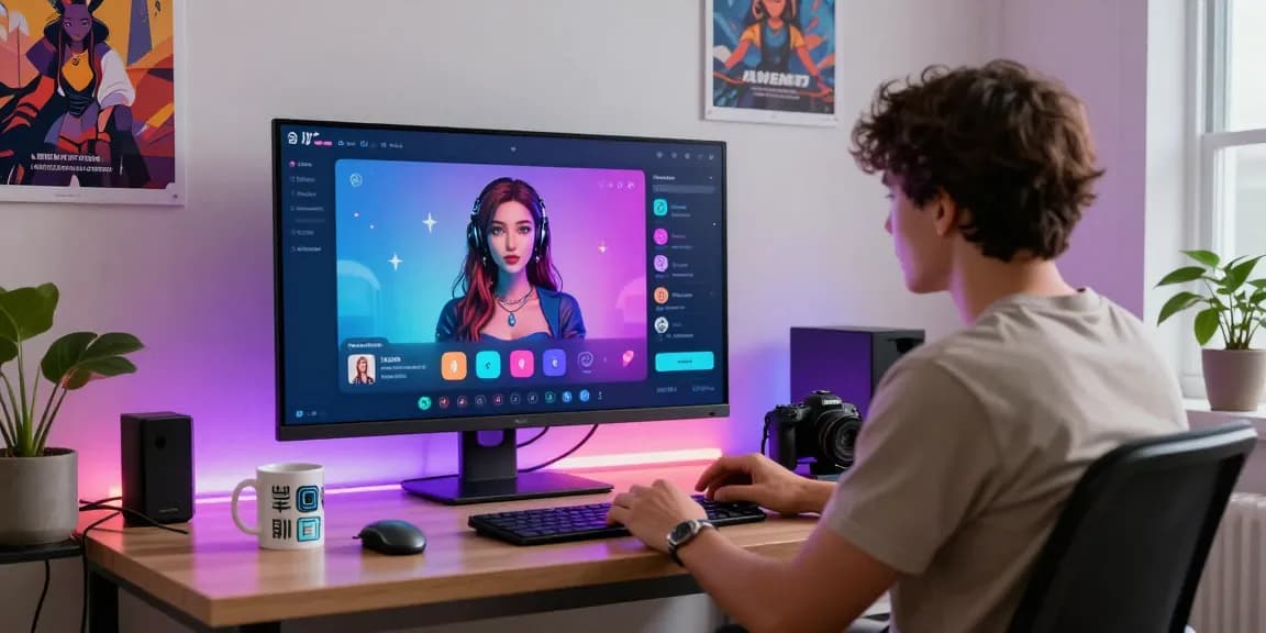 NSFW AI interactive platform user engaging with virtual character in modern home office