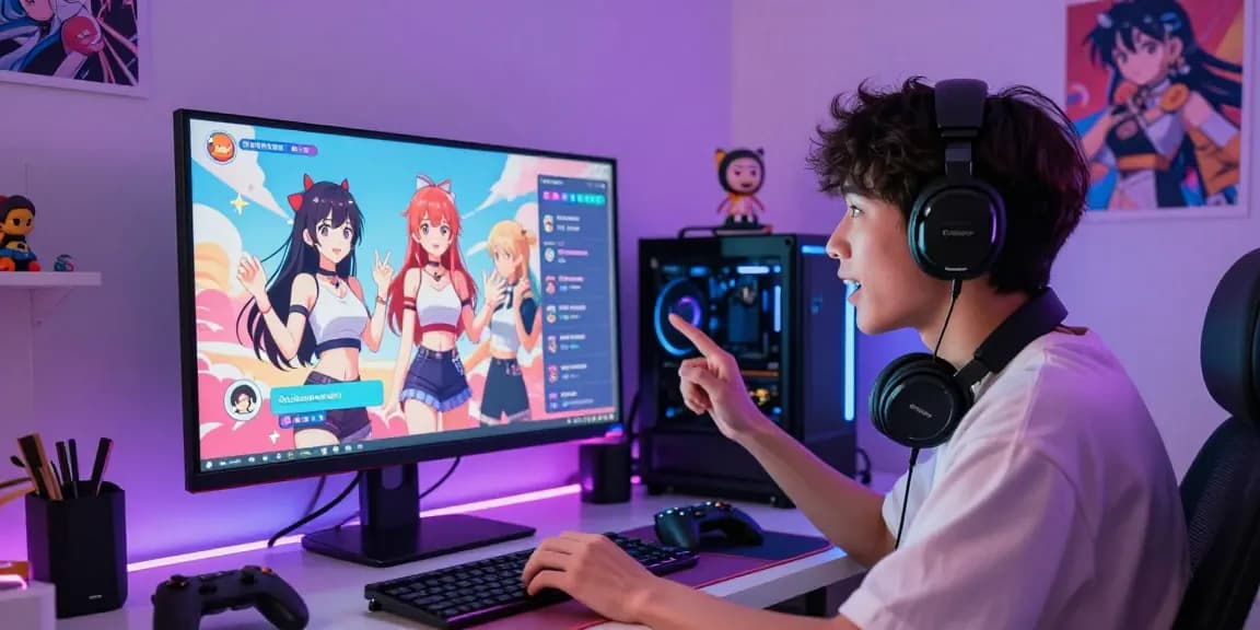 Engaging AI hentai chat scene showing colorful anime interactions and a user excitedly navigating features.