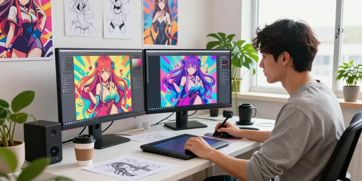 Dynamic artist creating colorful hentai ai character designs in a bright digital studio.