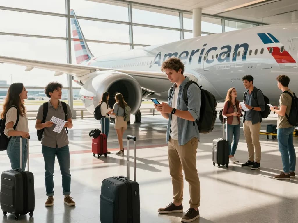 Traveler excitedly boarding the American Airlines 789P Dreamliner.