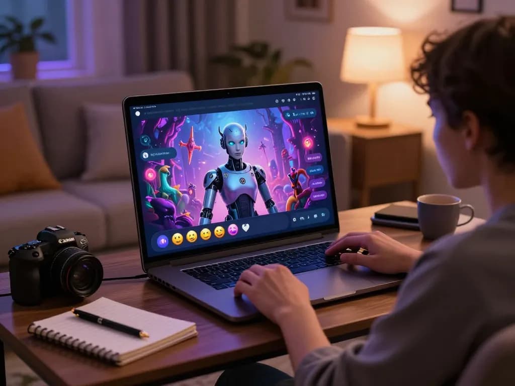 Interactive user engaging in ai sex chat with a humanoid AI avatar in a cozy digital space.