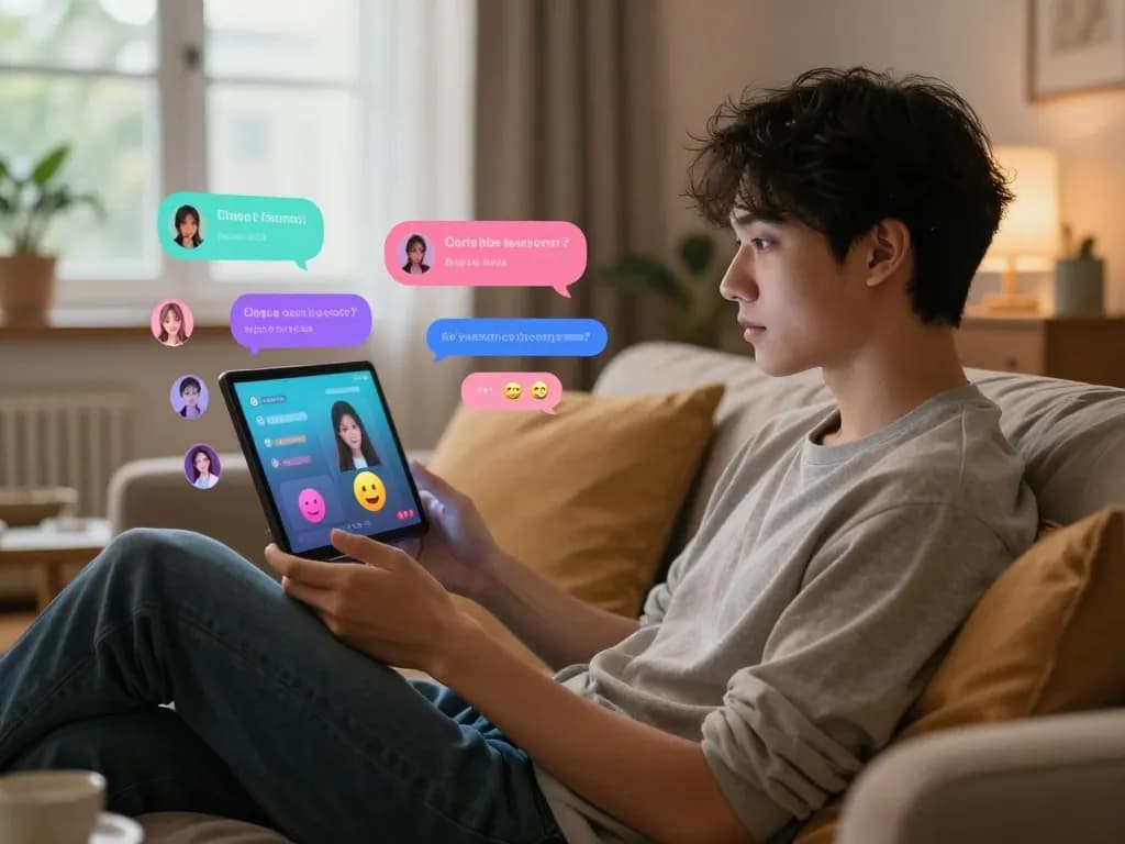 Engaging in ai sex chat on a sleek device in a cozy, ambient-lit living room.