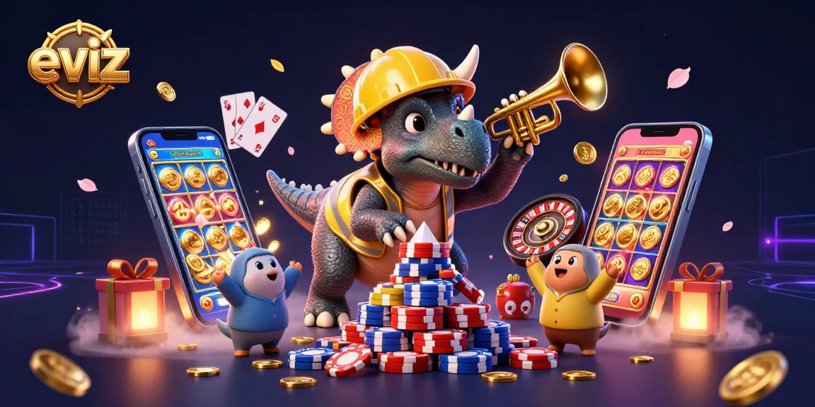 Join the fun at eviz as a triceratops builds a poker chip tower amidst a vibrant casino scene!