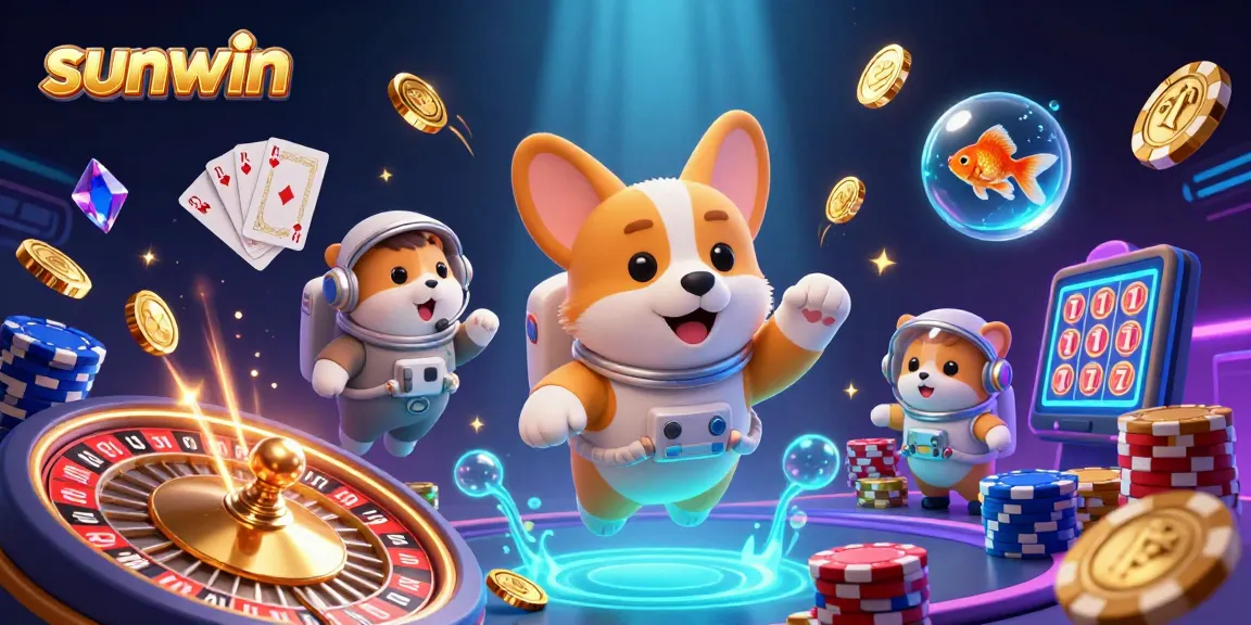 Experience sunwin's thrilling casino atmosphere with a cartoon astronaut corgi and friends in zero gravity.