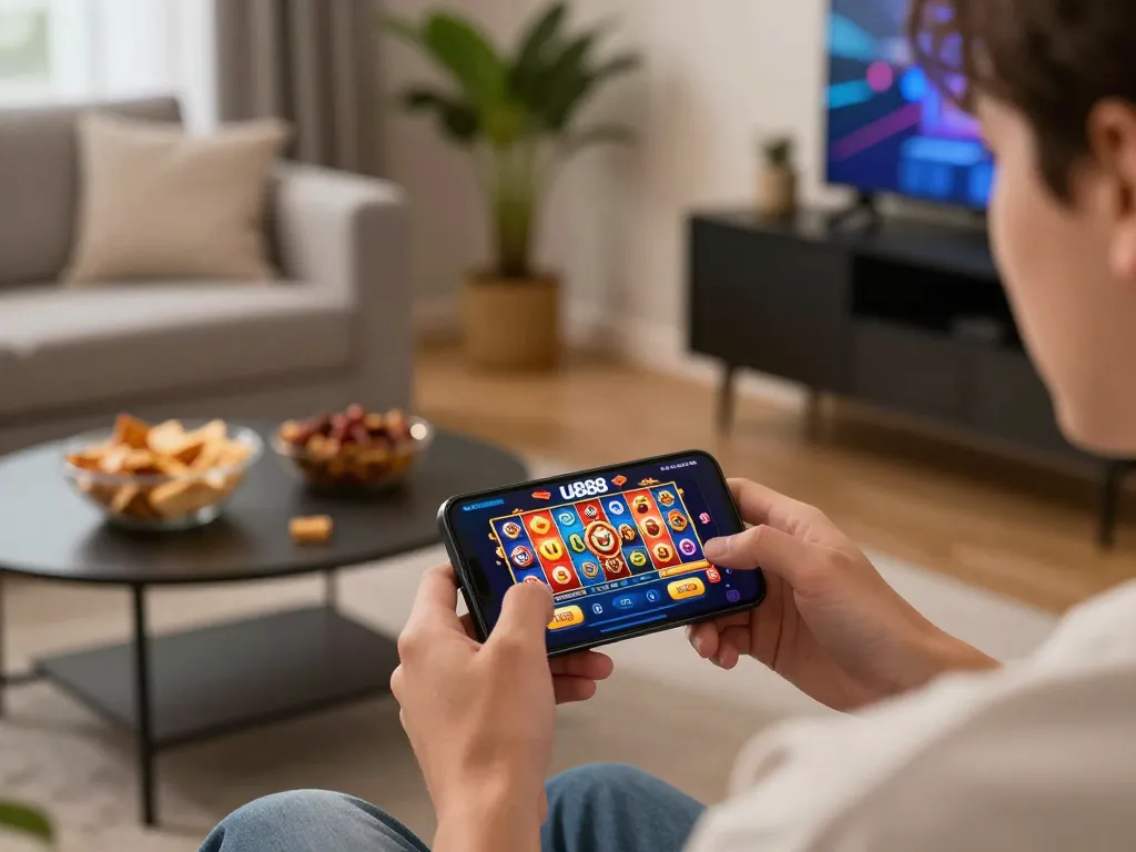 Person enjoying gameplay on u888 app with colorful slot reels displayed on smartphone in cozy home setting