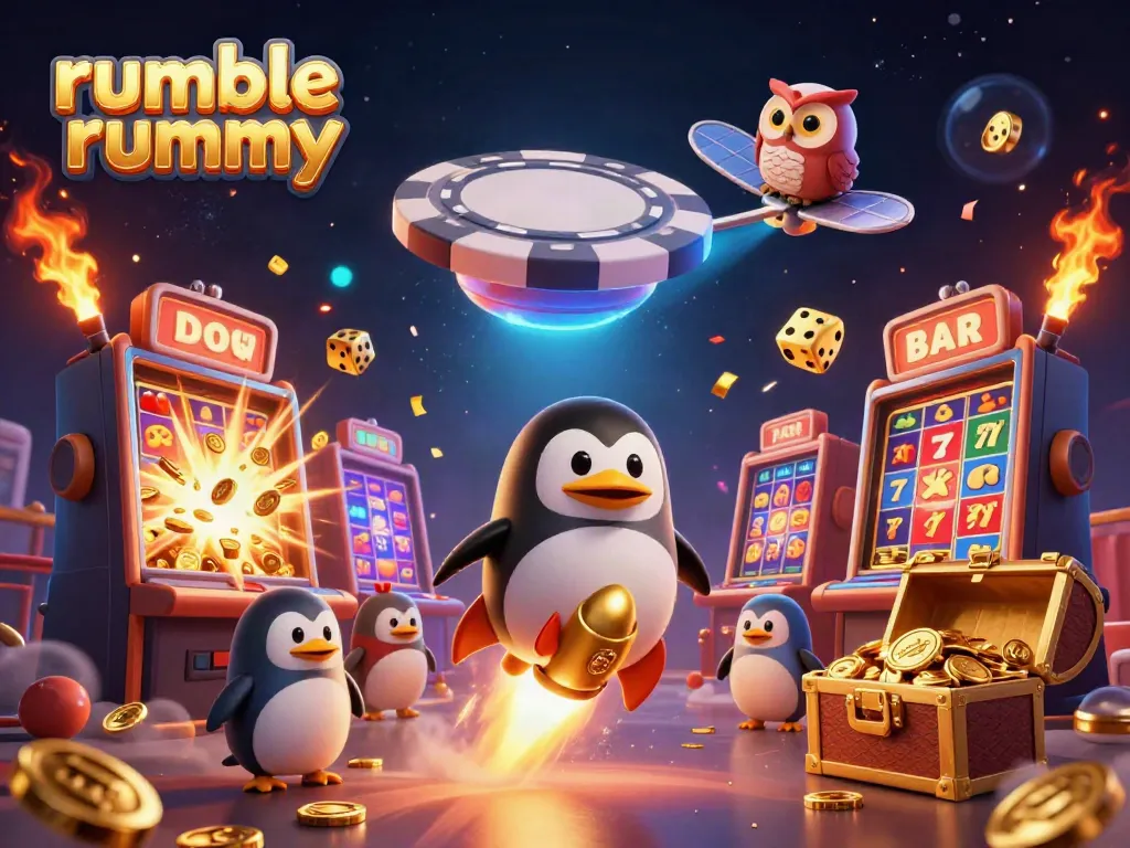Engage with rumble rummy as a golden penguin blasts through space towards a casino chip station, bursting with excitement.