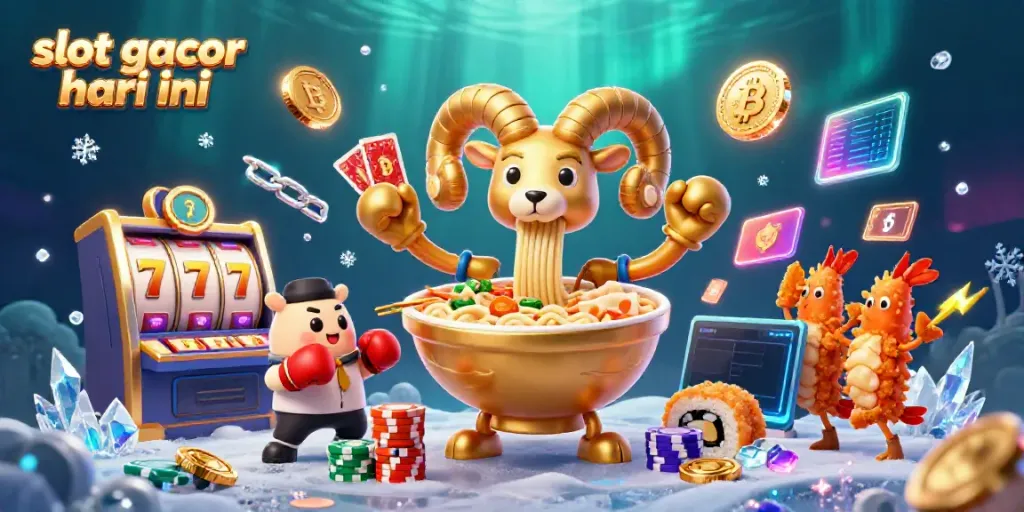 Engage with slot gacor hari ini using a vibrant 3D scene of playful characters, slot reels, and crypto coins.