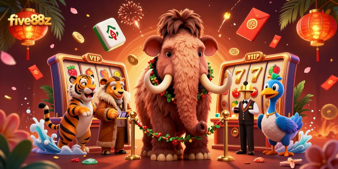 five88z showcases a vibrant casino scene with a woolly mammoth and saber-tooth tiger in action