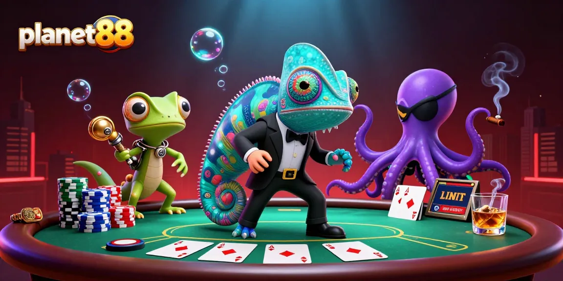 Experience excitement at planet88 with a vibrant casino scene featuring a chameleon agent, gecko genius, and octopus villain.