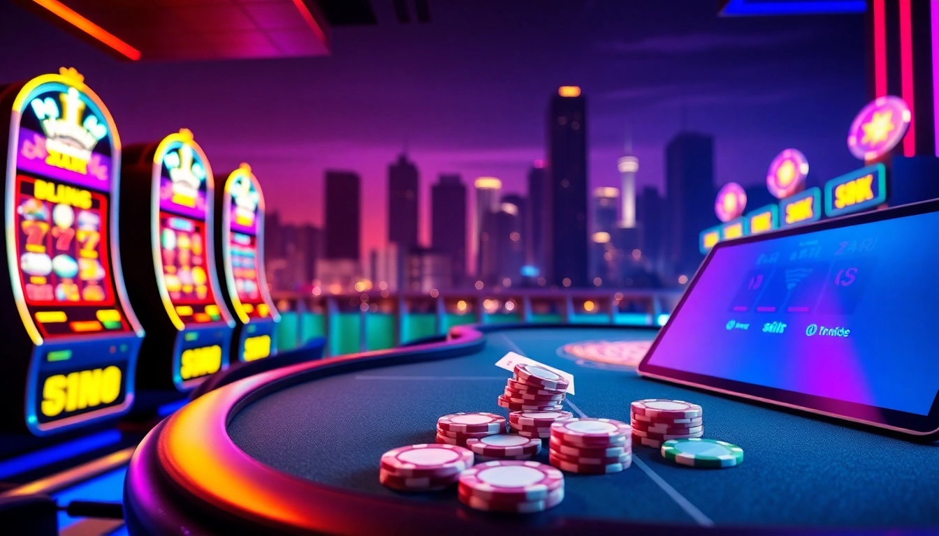 Begeisterte Spieler genießen casino spielen online mit bunten Spielautomaten und Tischspielen.