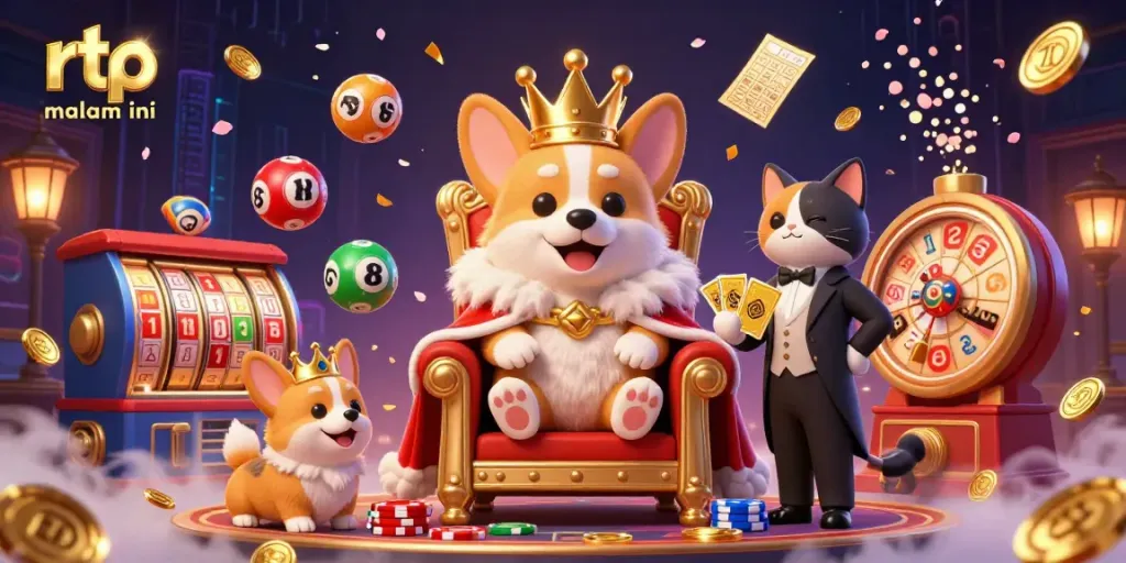 Celebrate rtp malam ini with a luxurious royal corgi, dynamic gambling elements, and a vibrant casino ambiance.