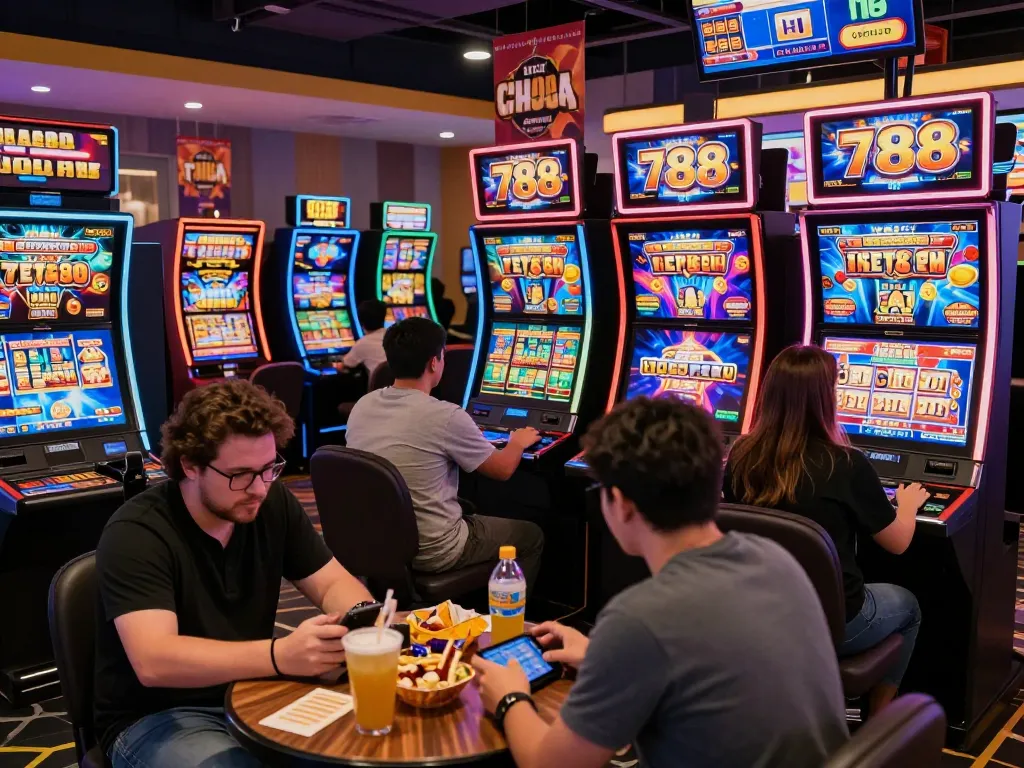 Pemain yang terlibat dalam permainan slot788 di kasino online yang ramai, menunjukkan kegembiraan dan suasana permainan yang berwarna-warni.