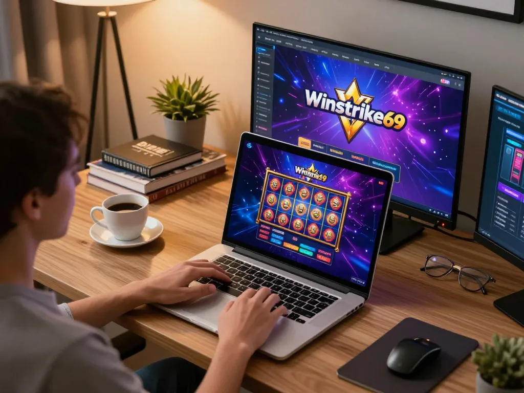 Engaging user plays Winstrike69 online slots at home, showcasing relaxed yet strategic gameplay.