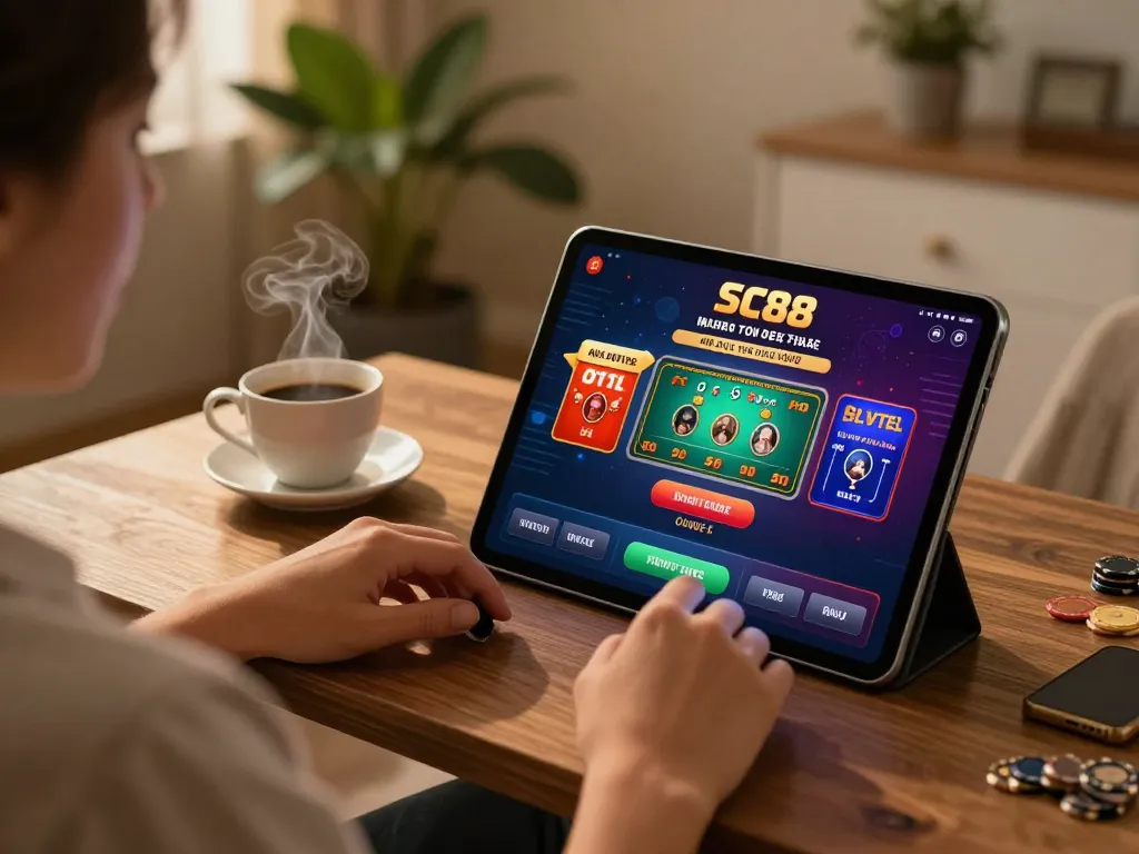 Player engaging with SC88 casino app on tablet, highlighting interactive online gaming experience.