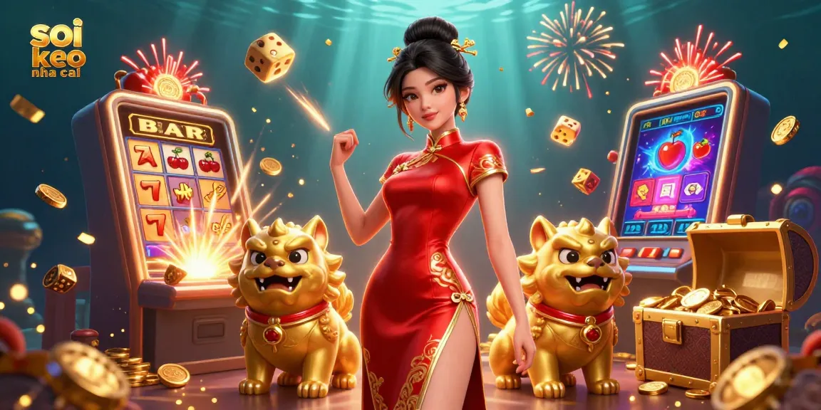 Soi keo nha cai showcased in a vibrant 3D illustration, featuring an elegant Asian woman with golden foo dogs amid a jackpot explosion.