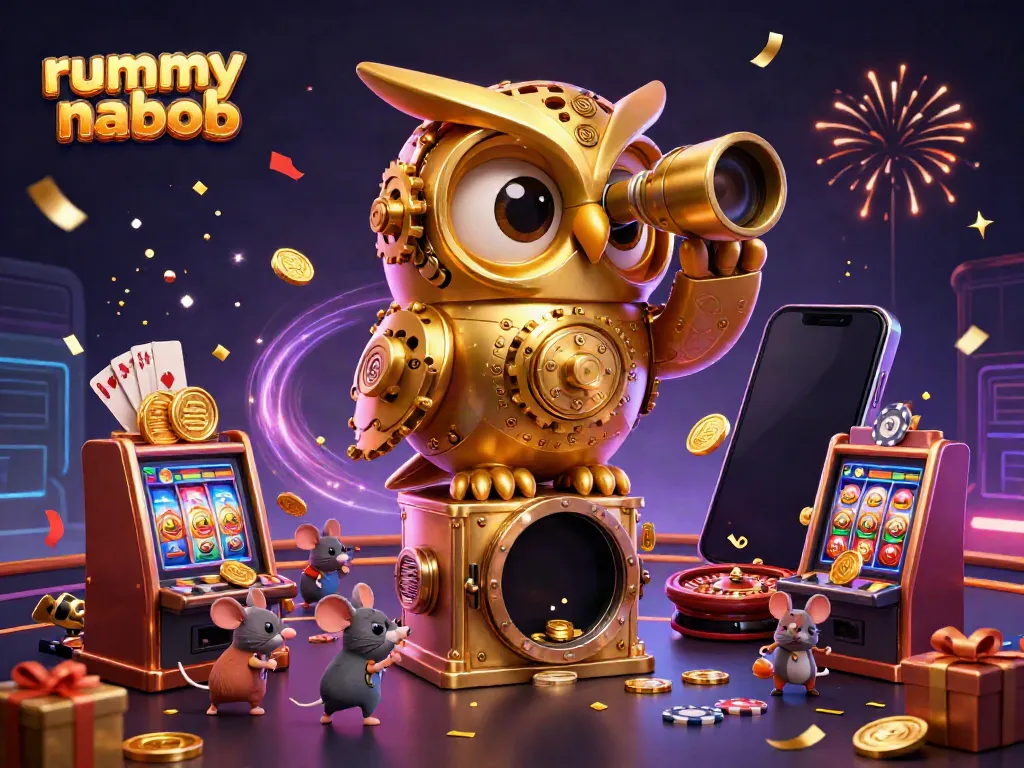 Permainan rummy nabob dengan elemen kasino dan karakter menyenangkan di latar belakang yang atraktif.