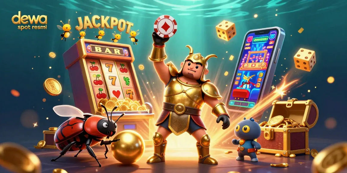 Dewa slot resmi terlihat jelas saat kumbang hercules merayakan kemenangan dengan chip poker di tengah harta karun game kasino.