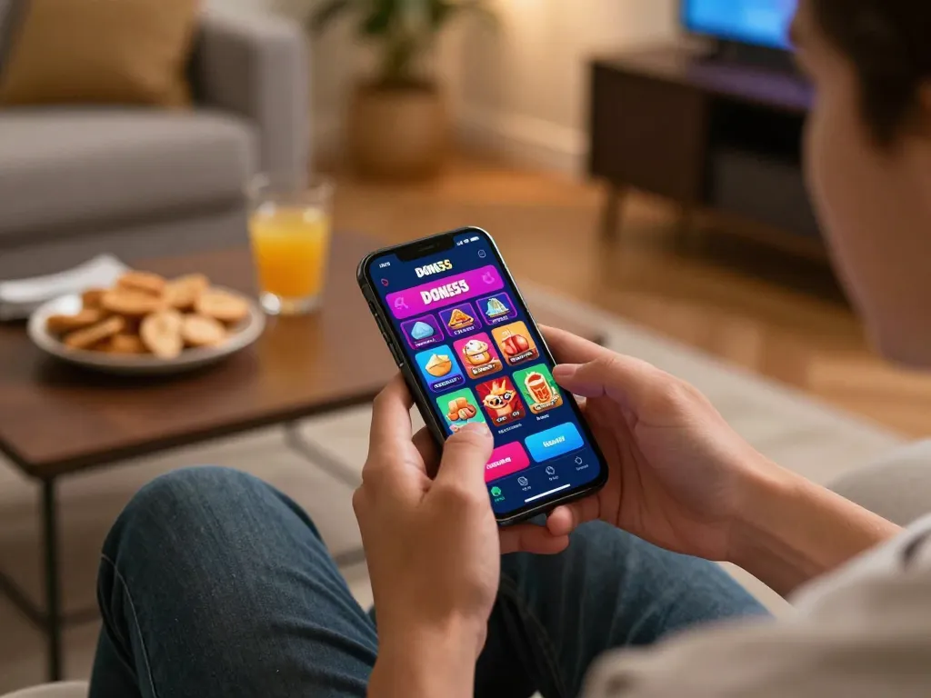 Engaged user exploring the done55 app for mobile casino gaming experience at home.