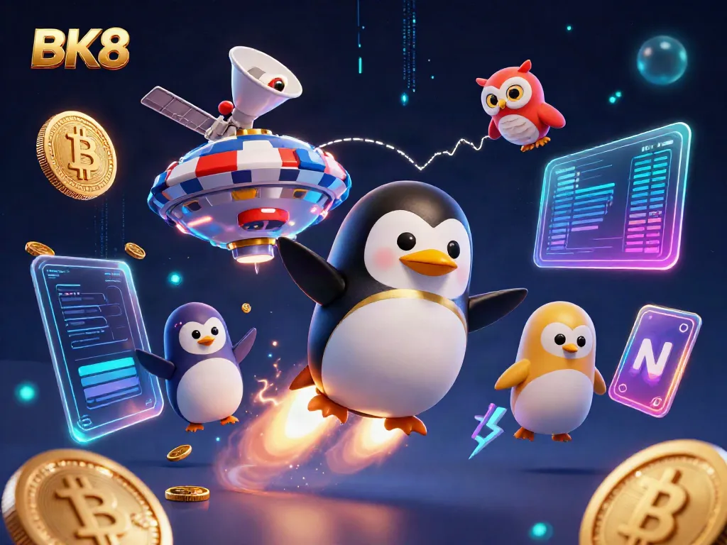 Experience the excitement of BK8 with vibrant visuals of a golden penguin, casino elements, and crypto coins.