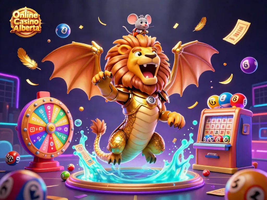 Experience the excitement of Online Casino Alberta with a vibrant 3D scene featuring dynamic gaming elements.