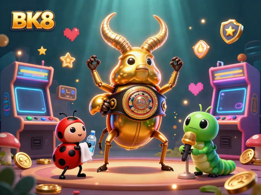 Engage in the dynamic scene of BK8, a vibrant casino world with cartoon characters highlighting exciting game elements.