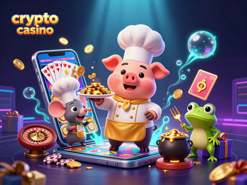 Experience exciting games at a vibrant crypto casino with animated characters and golden treasures.