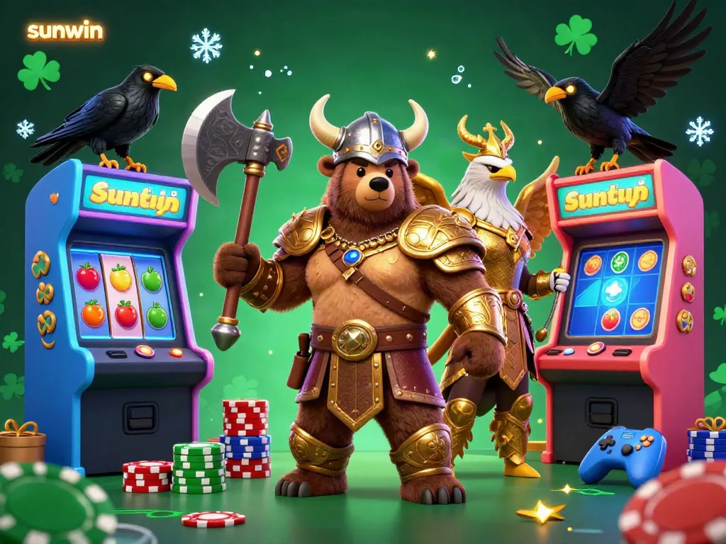 Experience the vibrant world of sunwin with a Viking bear and Valkyrie eagle among casino games.