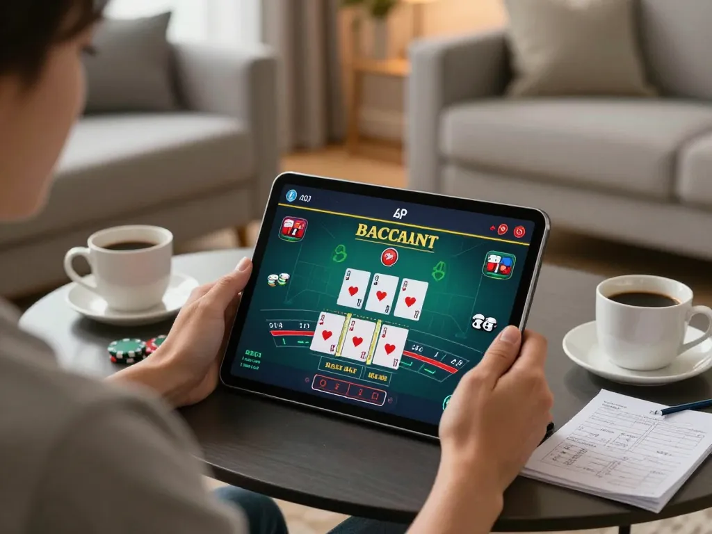 Baccarat live game displayed on tablet, showcasing online gaming experience in a cozy atmosphere.
