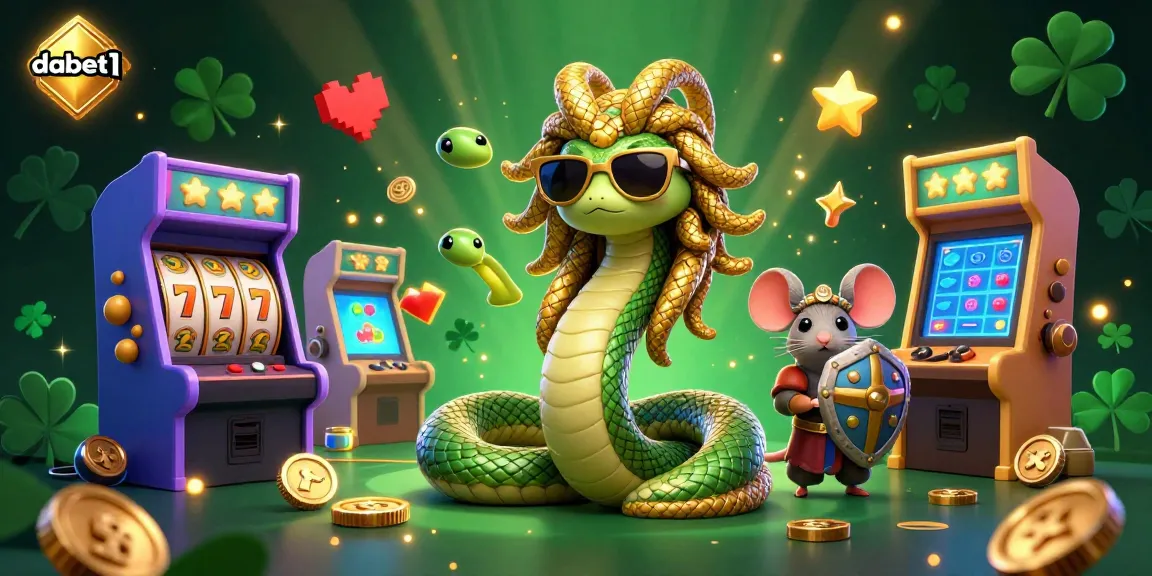 dabet1 raises the stakes with vibrant gaming elements in a lively casino scene featuring Medusa and a warrior mouse.