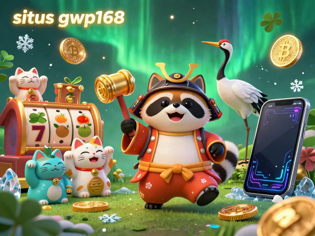 Menggandeng keberuntungan, situs gwp168 hadir dengan ilustrasi rakun beruntung dan kucing maneki-neko dalam suasana kasino.