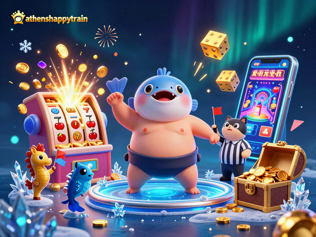 Experience the excitement of athenshappytrain with a vibrant underwater casino scene featuring lively characters and winning symbols.