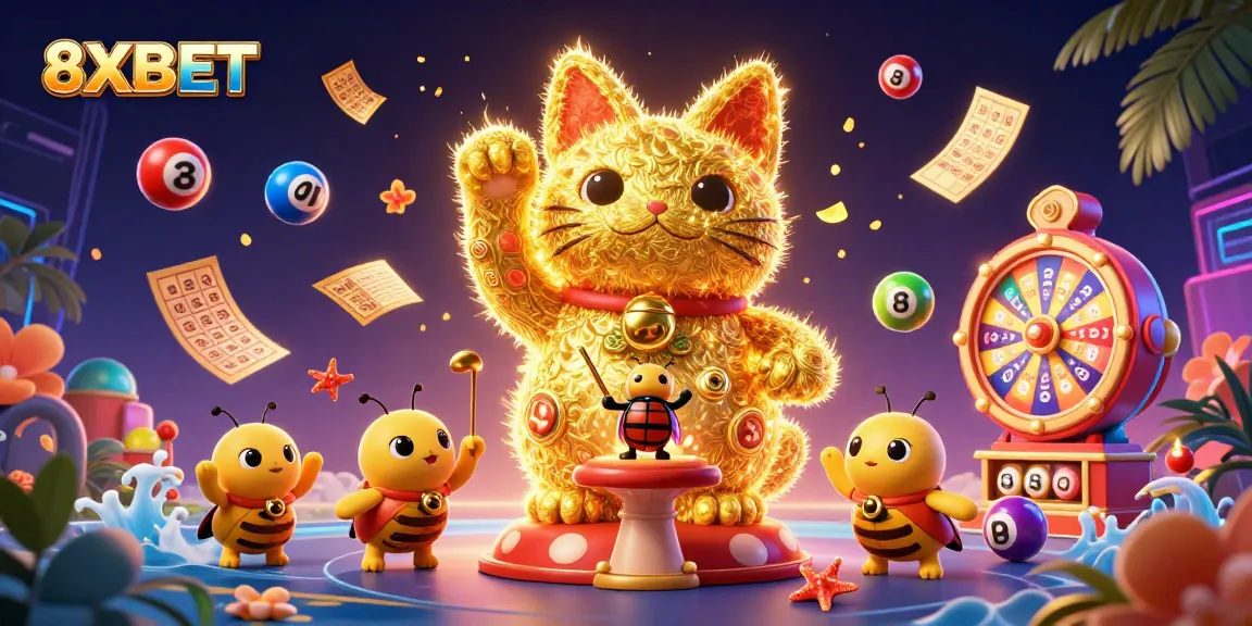 Experience exciting casino fun with 8XBET's dynamic golden firefly lucky cat illustration.