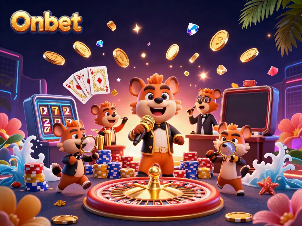 Engaging Onbet casino scene with lively hyenas, colorful game elements, and joyful characters.