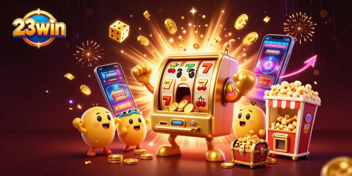 Experience the excitement of 23win with a dynamic 3D slot machine scene overflowing with coins.