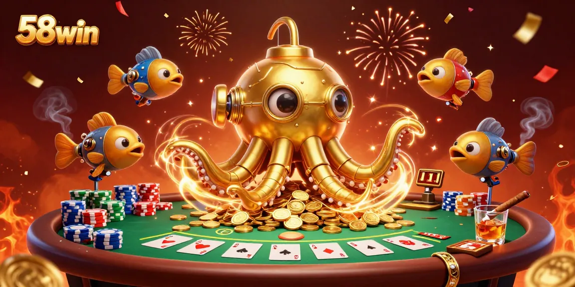 Experience the excitement of playing at 58win with a vibrant scene of a kraken submarine and poker elements.