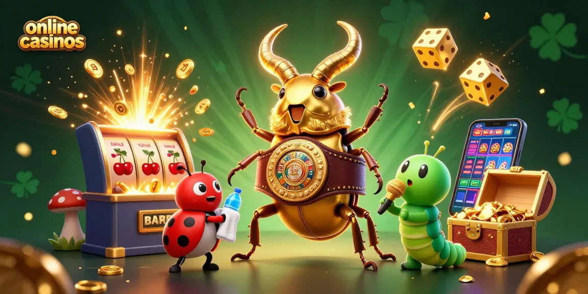 Experience excitement at online casinos with a dynamic boxing scene featuring a golden stag beetle and colorful symbols.