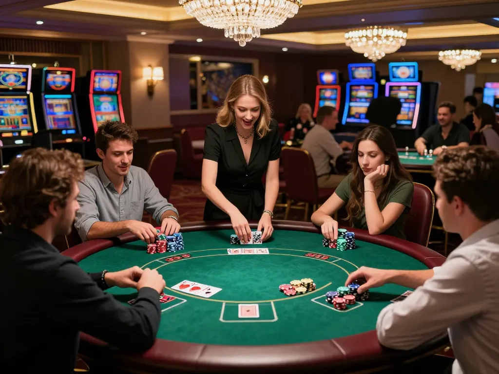Group of friends enjoying a poker game at OPEN88 COM, showcasing vibrant casino atmosphere and strategic gameplay.